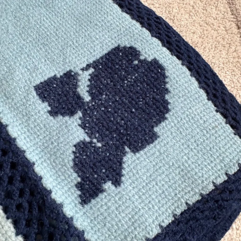 Vintage Handmade Knit Afghan Throw Blue Floral Panel Cottagecore Crochet Blanket
